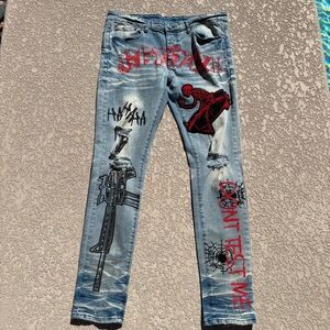 Men's GFTO Los Angeles Skeleton Jeans Painted Rhinestones Embroidered Size 36